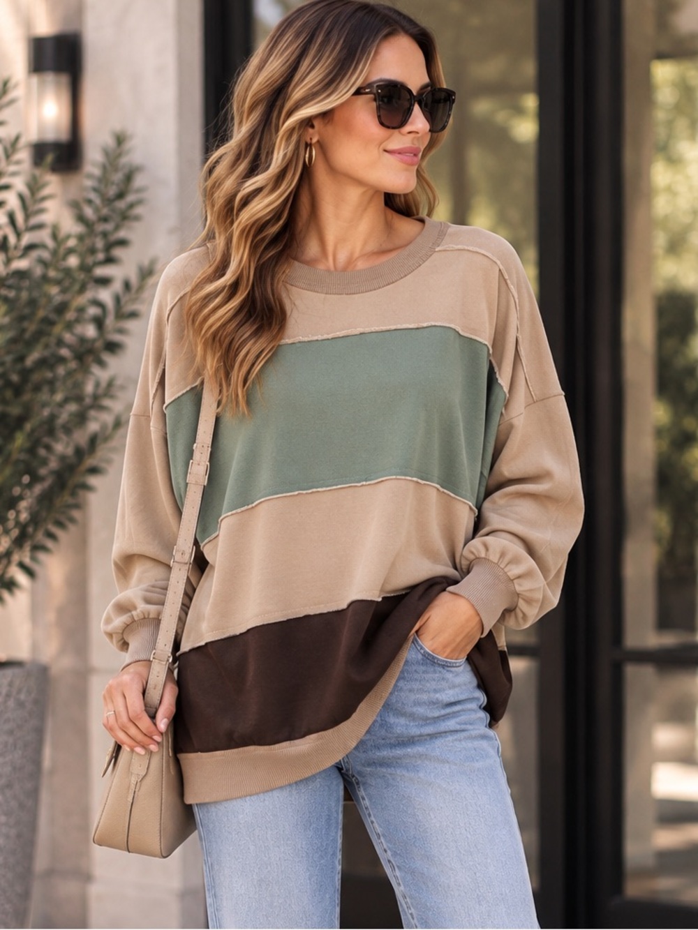 ShopEvelynne Colorblock Crewneck Sweatshirt in Beige, Green & Brown